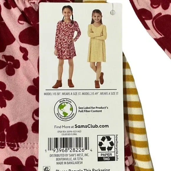 Member's Mark Girls' 2 Pack Dress Red Floral/Stripe Size 2T - Picture 15 of 15